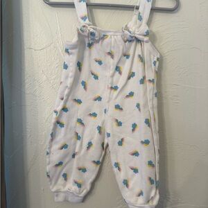 White cotton overalls  woth rainbow cloud pattern. Carolina moon brand